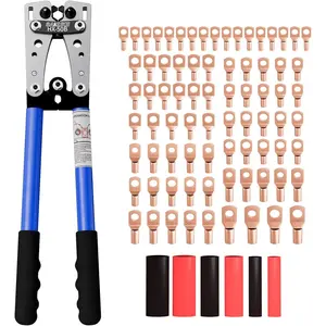 Battery Cable Lug Crimping Tool for AWG10-1/0, Wire Crimper with 78pcs Copper Lug Ring Terminal Connectors, 110pcs Heat Shrink Tubing, Electrical Wire Crimping Tool Set