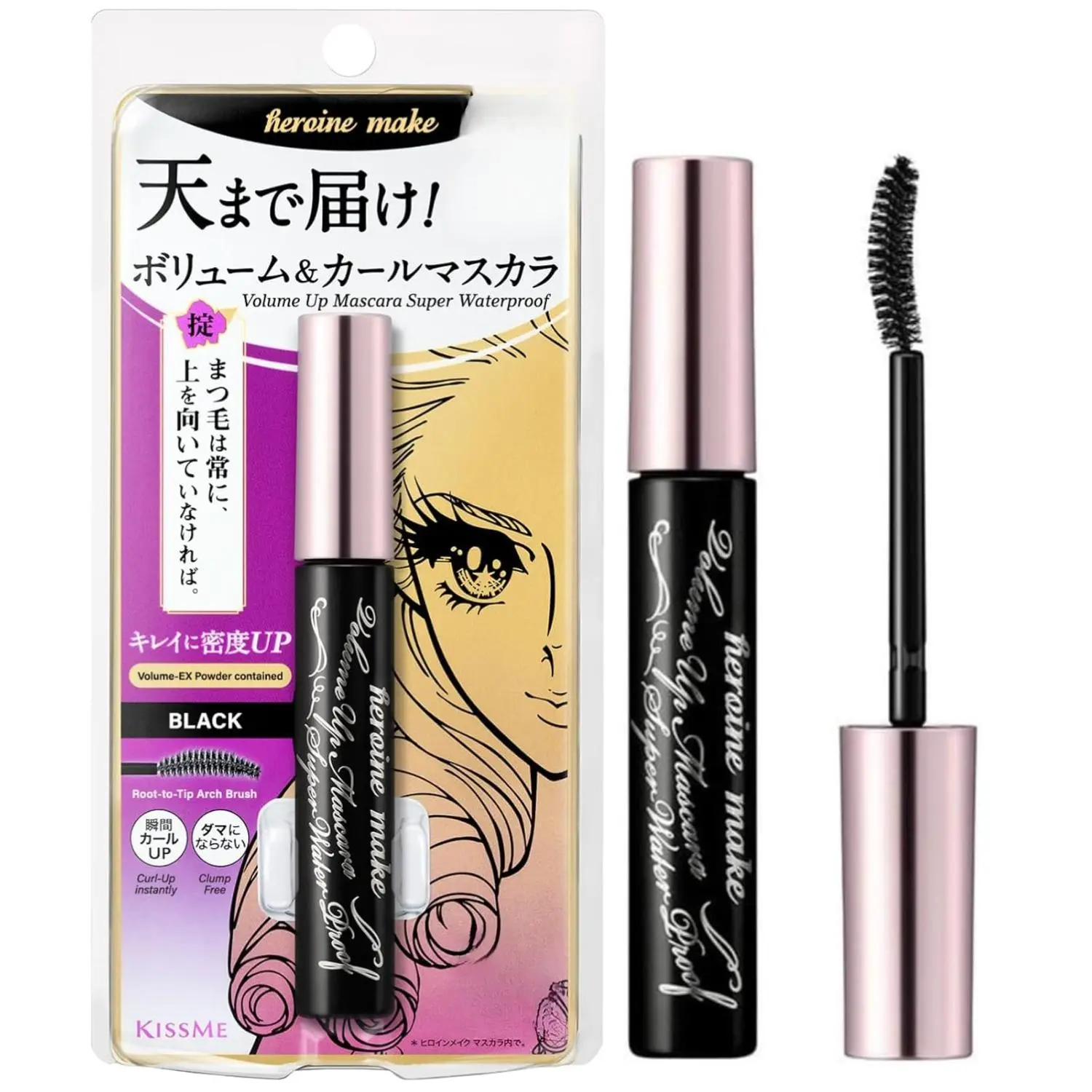 Heroine Make Volume & Curl Mascara, Super Waterproof Japanese Cosmetic with Lengthening Fibers, Ginseng & Almond Oil, False Lash Effect, Black, 0.21 oz, Squalane, Powder, Talc, Wax, Yes, Youth, Water Resistant, Fragrance Free, Silica, Single Item, Makeup,