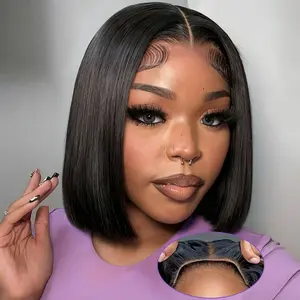 Human Hair Bob Wig for Women, 180 Density, 5x5 HD Lace Closure, Wear and Go Design, Pre-Cut, Pre-Plucked, Pre-Bleached, Glueless Drawstring Short Wig, Natural Black