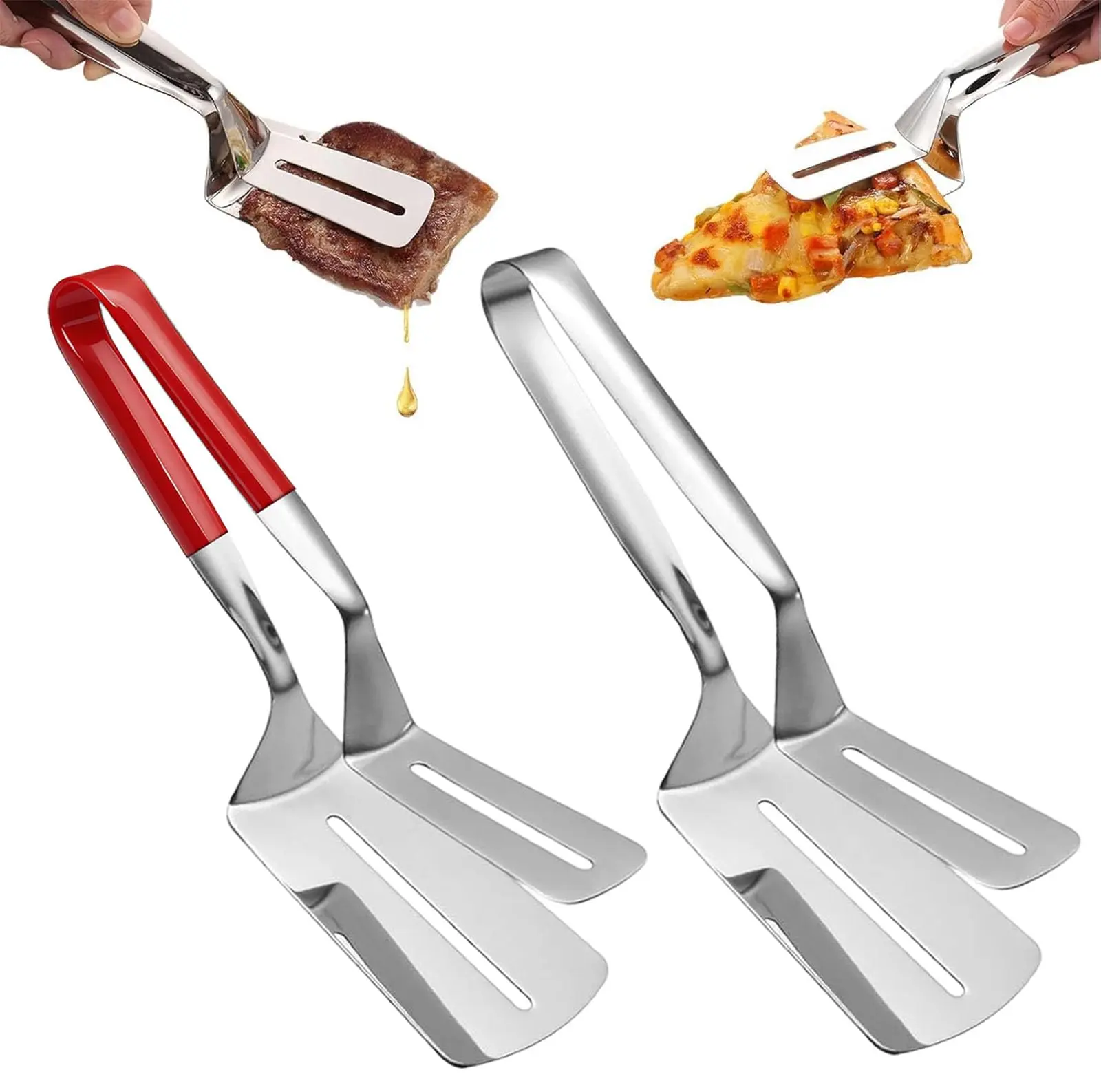 3PCS Mix Stainless Steel Grill Clamp Spatula, Multi-Functional Anti-Scald Extended Handle Spatula Tong, Barbecue Clamp Food with Non-Slip for Picking Up Food, Grilling Meat, Fish and Pancakes