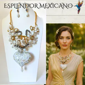 Mexican Artisan Handmade Beaded Necklace Set with Clay Heart and Glass Inserts/Boho/Made in Mexico/Collar de Corazon Vitral/Hecho en Mexico