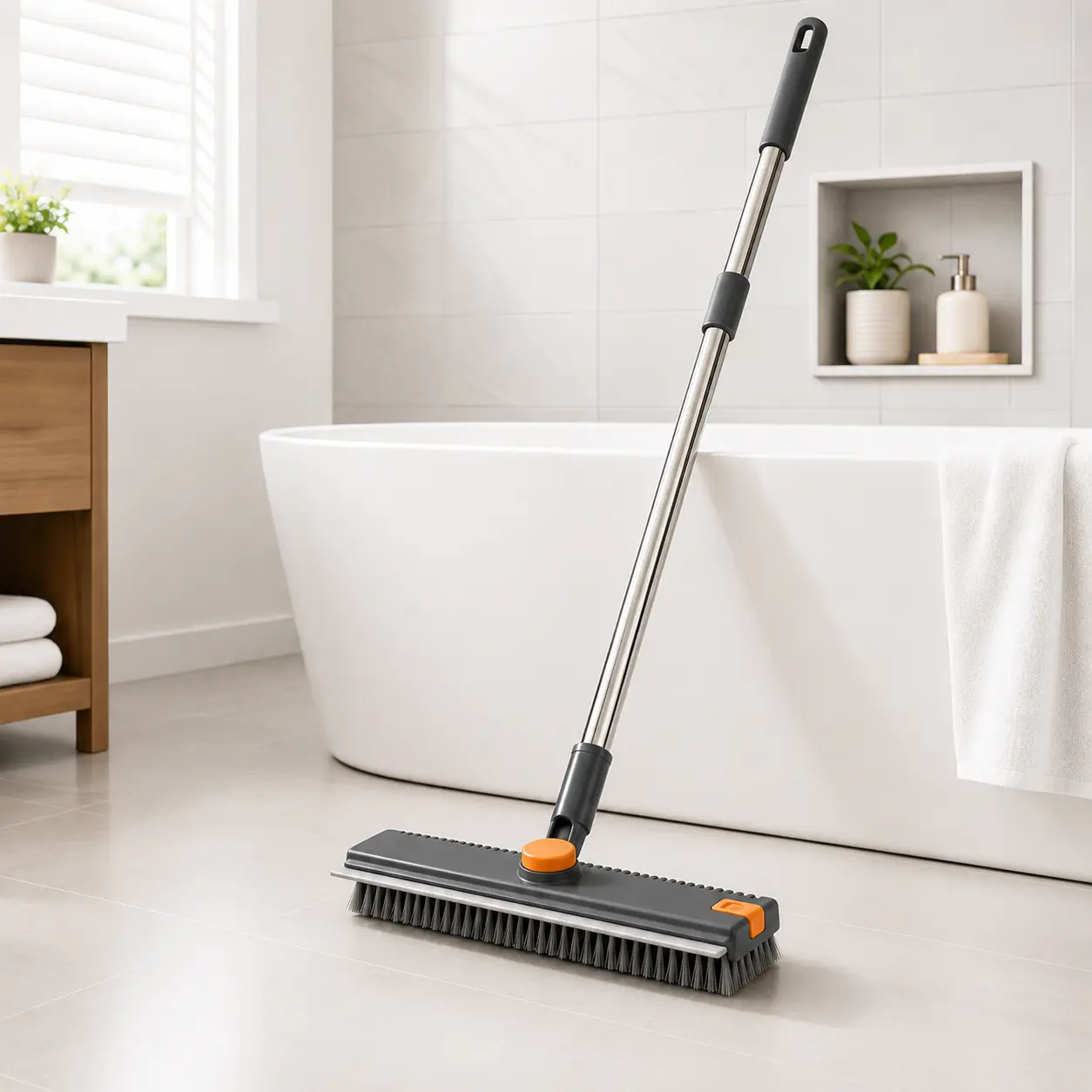 2-in-1 Floor Scrub Brush with Adjustable 28-52 in Metal Long Handle, Stiff Bristles & Silicone Squeegee for Bathroom, Kitchen, Patio Cleaning