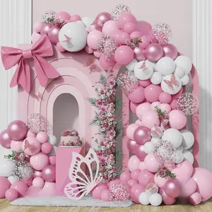 152 count Pastel Light Pink White Metallic Pink Balloon Arch Garland Kit,Pink White Rose  Confetti Balloon With Butterfly Stickers for  In Bloom  Shower Decorations Birthday Wedding Decor