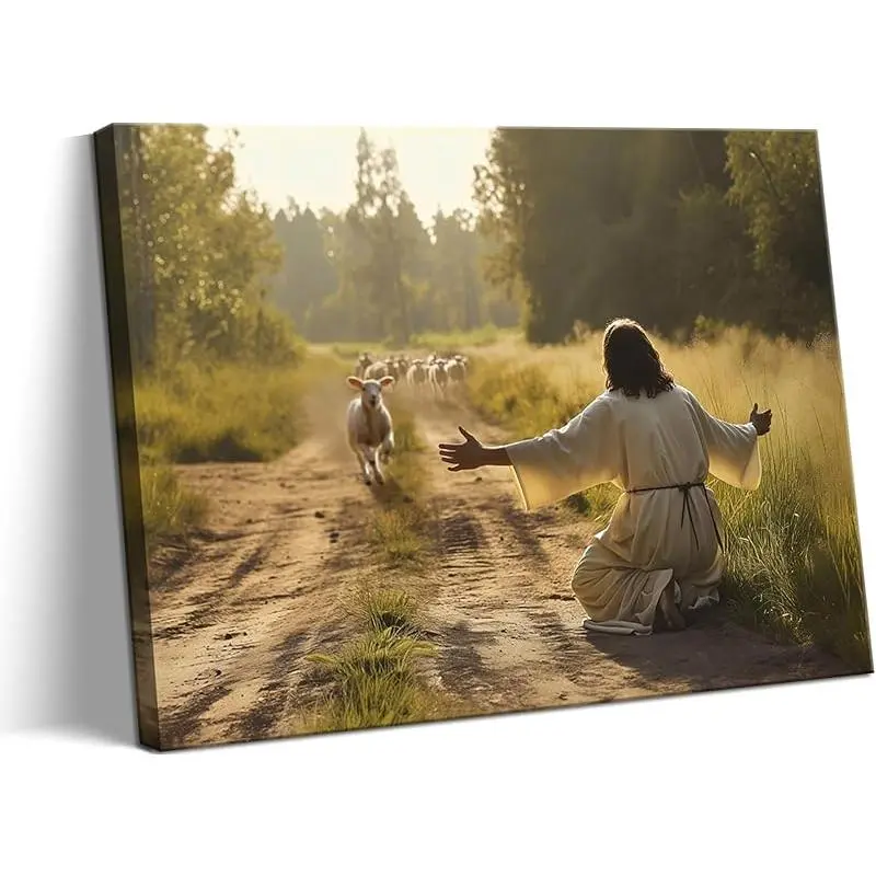 Christian Religious Jesus & Lost Sheep Canvas Wall Artwork - 20x30inch(50×75cm) Multi-Size Framed/Unframed Print, Wood-Framed with Light Feature, Sunlight Tone Good Shepherd Decor for Living Room, Bedroom, Balcony, Wardrobe, Ideal Gift