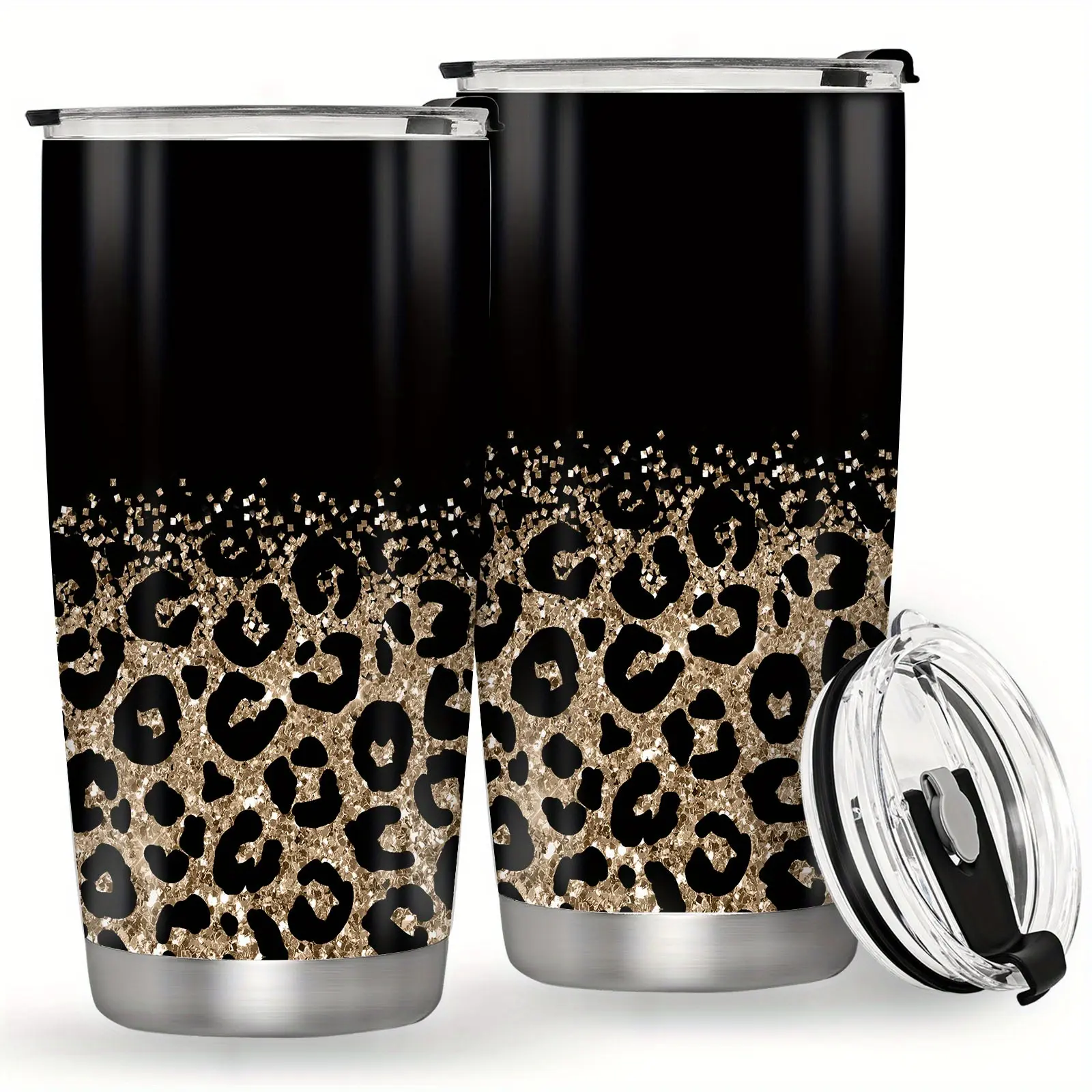 Stylish 20oz Leopard Print Stainless Steel Insulated Tumbler - Black Gold Glitter, Ombre Cheetah Design, Portable Leak-Proof Flip Lid, Easy-Maintain Kitchenware Vacuum Flask for Coffee, Hot & Cold Drinks