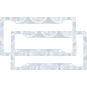 Glitter Silver Seashell 2-Pack Aluminum License Plate Frames, Universal Car License Plate Holder with 4 Holes and Screws ﻿