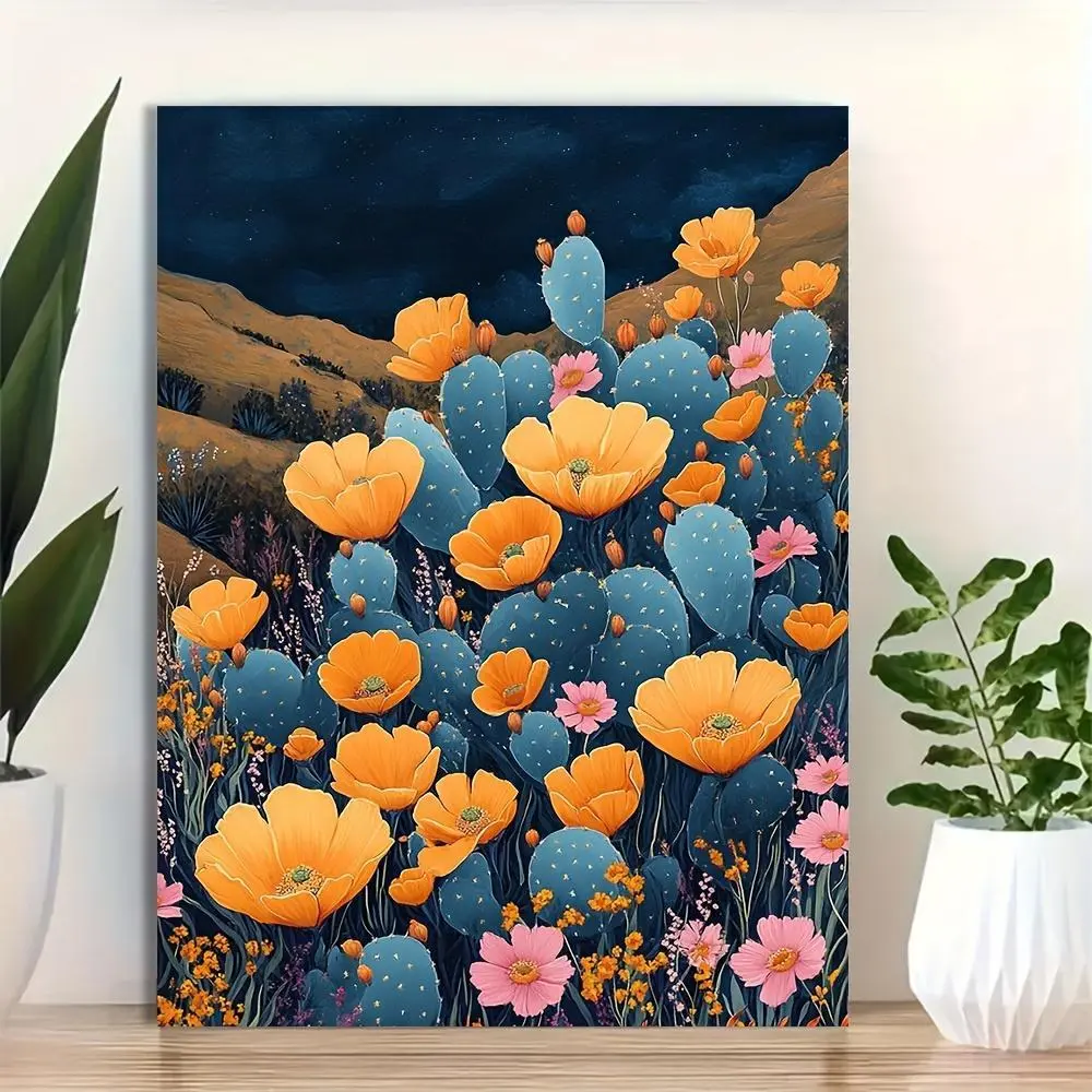 1-Piece Decorative 2D Flat Framed Desert Cacti Canvas Print - 12x16 in, Vibrant Botanical Plants Art, Indoor Living Room Bedroom Home Wall Decor, One-Piece