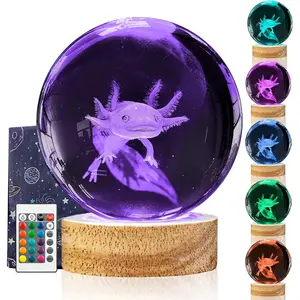 3D Axolotl  Ball Night Light with LED Wooden Base Upgraded 3.15 Inch Axolotl Glass Ball Lamps with 16 Color and Remote for Birthday Christmas, Cool Axolotl  Decor Gifts for Boys Girls