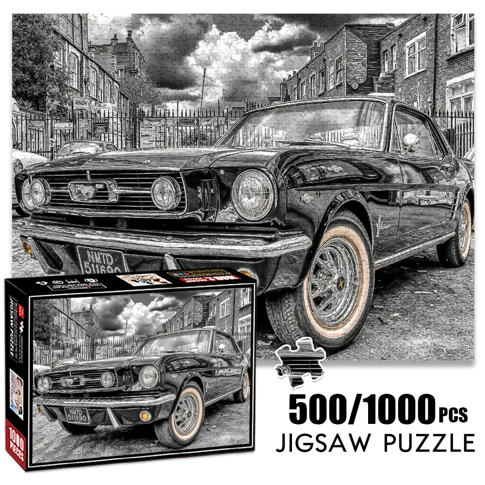 1pc 1000 piece adult Creative puzzle 70x50cm Vintage Black Ford Mustang Car500 pieces of paper jigsaw puzzle, suitable for adults and families, large-scale DIY Family Puzzle interactive toy games, birthday holiday
