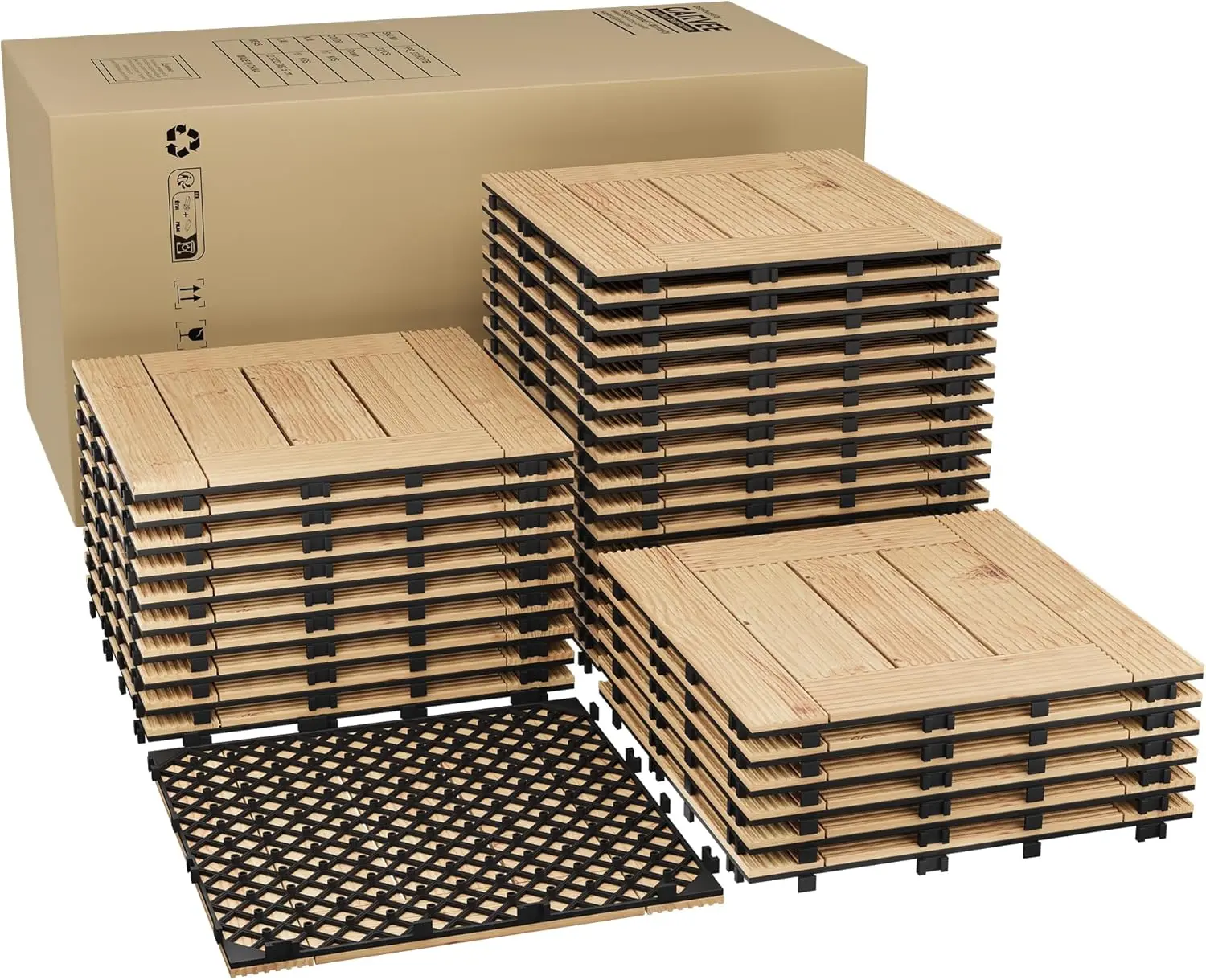 Gaomon Eco-Friendly 33 PCS Solid Wood Interlocking Square Patio Deck Tiles - 12x12 in Natural Oak Acacia Wood, Waterproof Indoor Outdoor Flooring for Backyard, All Weather Use, Poolside