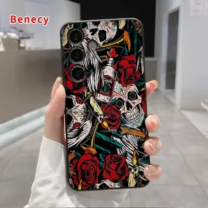 Straight Edge TPU Phone Case Compatible with Samsung Galaxy  S23 Ultra S24 Plus S25 S22+ Sugar Skull Reverie Pattern Drop Protection Shockproof Soft Liquid Silicone Smartphone Cover