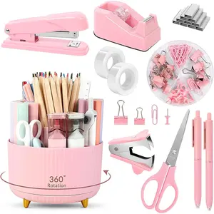 10Pcs Pink Desk Accessories Kit, Rotating Pen Holder for Desk, Including Stapler, Staple Remover, Tape Dispenser, 2pcs Tape Refills, Binder Paper Clips, Scissor, Pink Office School Supplies