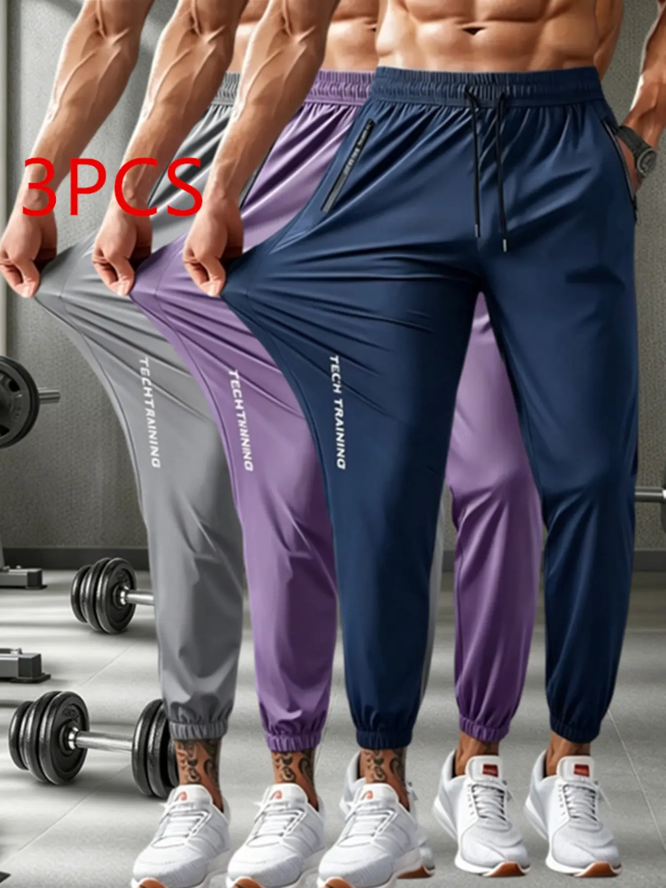 1/3 piece men's summer sports pants, reflective letter print, breathable quick drying running pants, elastic waist technology training sports pants with zipper pocket, Athletic Running Pants