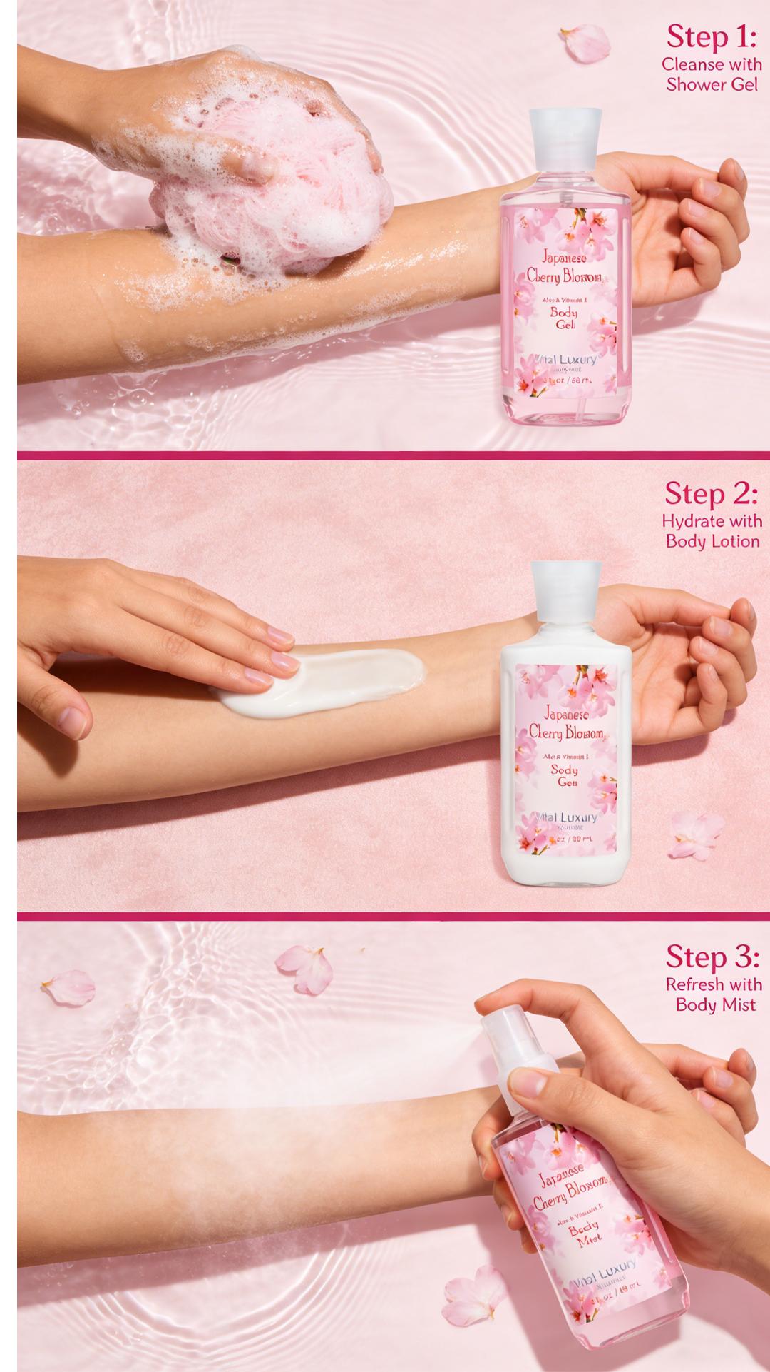 Japanese Cherry Blossom Bath & Body Travel Set – 3oz Shower Gel, 3oz Body Lotion, 3oz Body Mist & 2.5oz Bath Salts | Silky Lather, All-Day Fresh Scent, Moisturizing & Revitalizing | Ideal Gift for Mom, Wife, Sister & Girlfriend