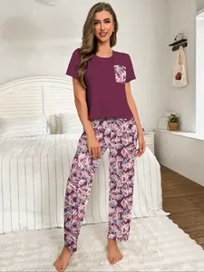 Floral Print Pajama Set, Casual, Short Sleeve Round Neck Top & Slightly Elastic Waist Pants, Women's Sleepwear Homeewear