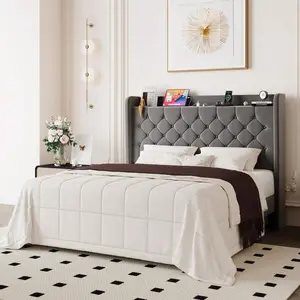 Allewie Full/Queen/King Size Bed Frame, Storage Headboard With Charging Station, Wingback Velvet Upholstered, Diamond Stitched Button Tufted, Sturdy Wooden Slats, No Box Spring Needed, Easy Assembly, Grey White Makeup Vanity Table