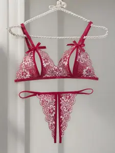 Elegant Lace Bra and Panty Lingerie Set, Hollow Out Design with Bow Decoration, Comfortable Breathable Underwear for Romantic Nights