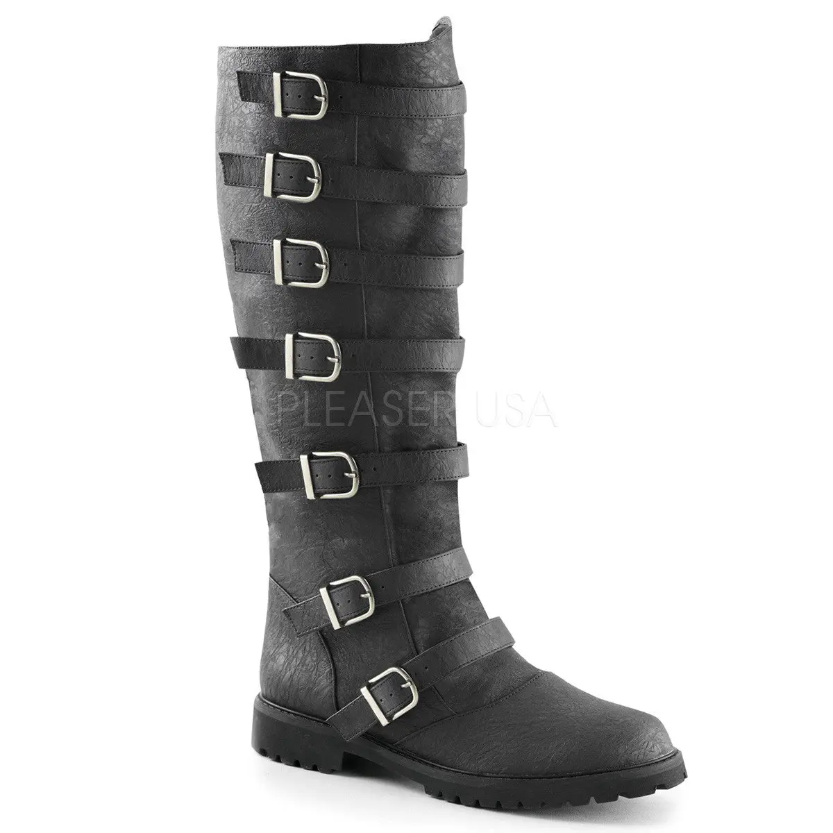 GOTHAM-110 Men's Black Leather Punk Style Pull-On Renaissance Boots - Classic Closed-Toe Footwear, Buckle Straps, Expandable Design, Comfortable Heels, S (Mns 8-9), L (Mns 12-13)