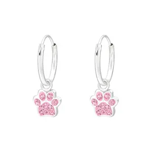 Hanging Paw Print 925 Silver Hoop Earrings with Light Rose Crystals