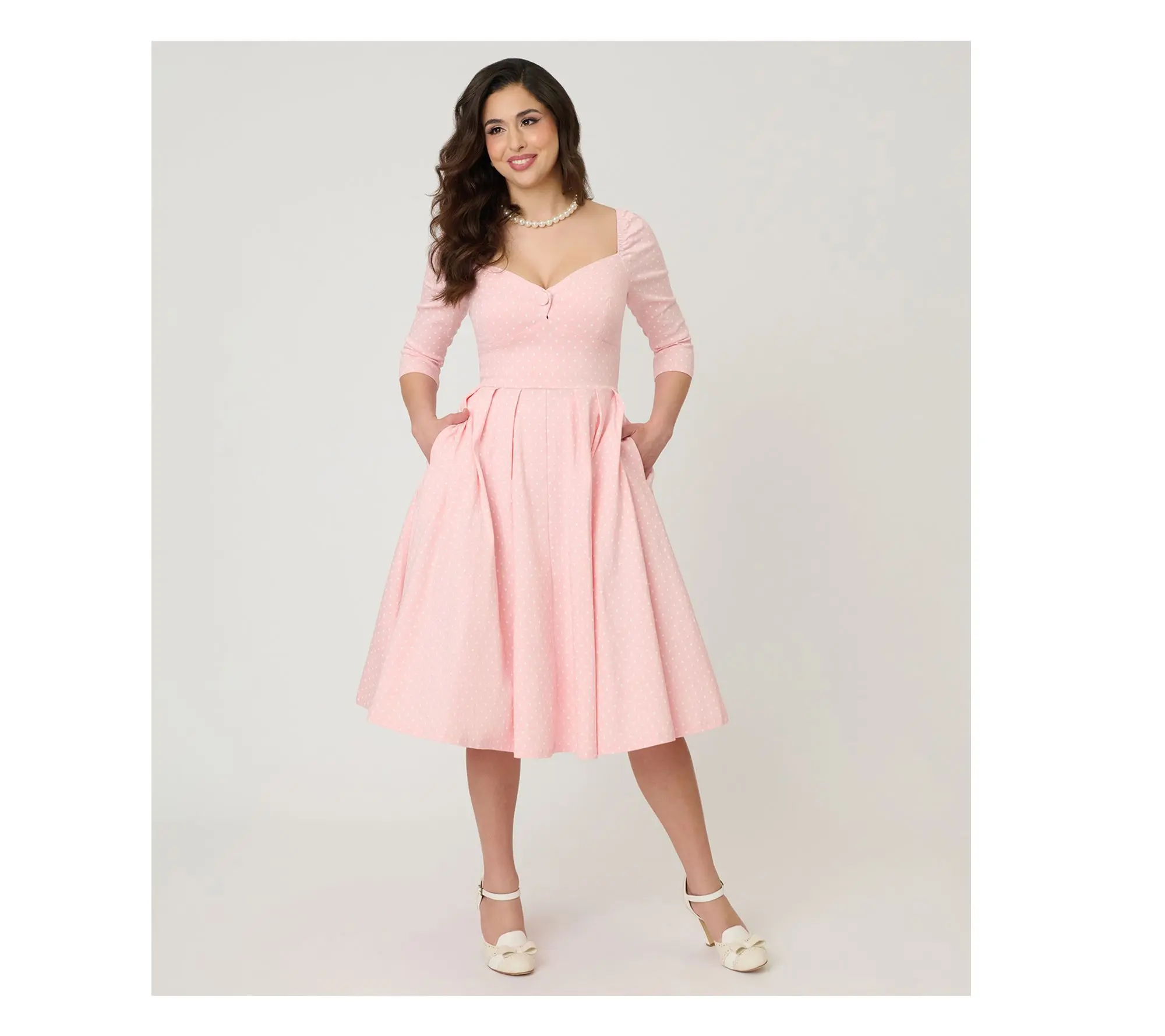 Unique Vintage Light Pink Pin Dot Lamar Swing Dress