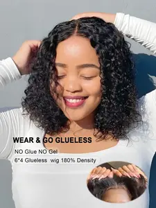 Real Human Hair 6*4 Glueless Deep Wave Bob Wig Human Hair 180% Density with Drawstring, 6x4 Glueless Lace Wig Pre Plucked Pre Cut, Ready to Wear Short Curly Wig Bleached Knots, Beginner Friendly