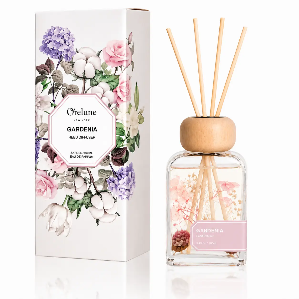 Orelune-Gardenia Aroma Freshener Reed Diffuser Gift Set - 3.4 fl oz Elegant Glass Bottle, Reusable Sticks, Safe All-Seasons Home Fragrance Room Accessories for Bathroom, Living Room Gifting