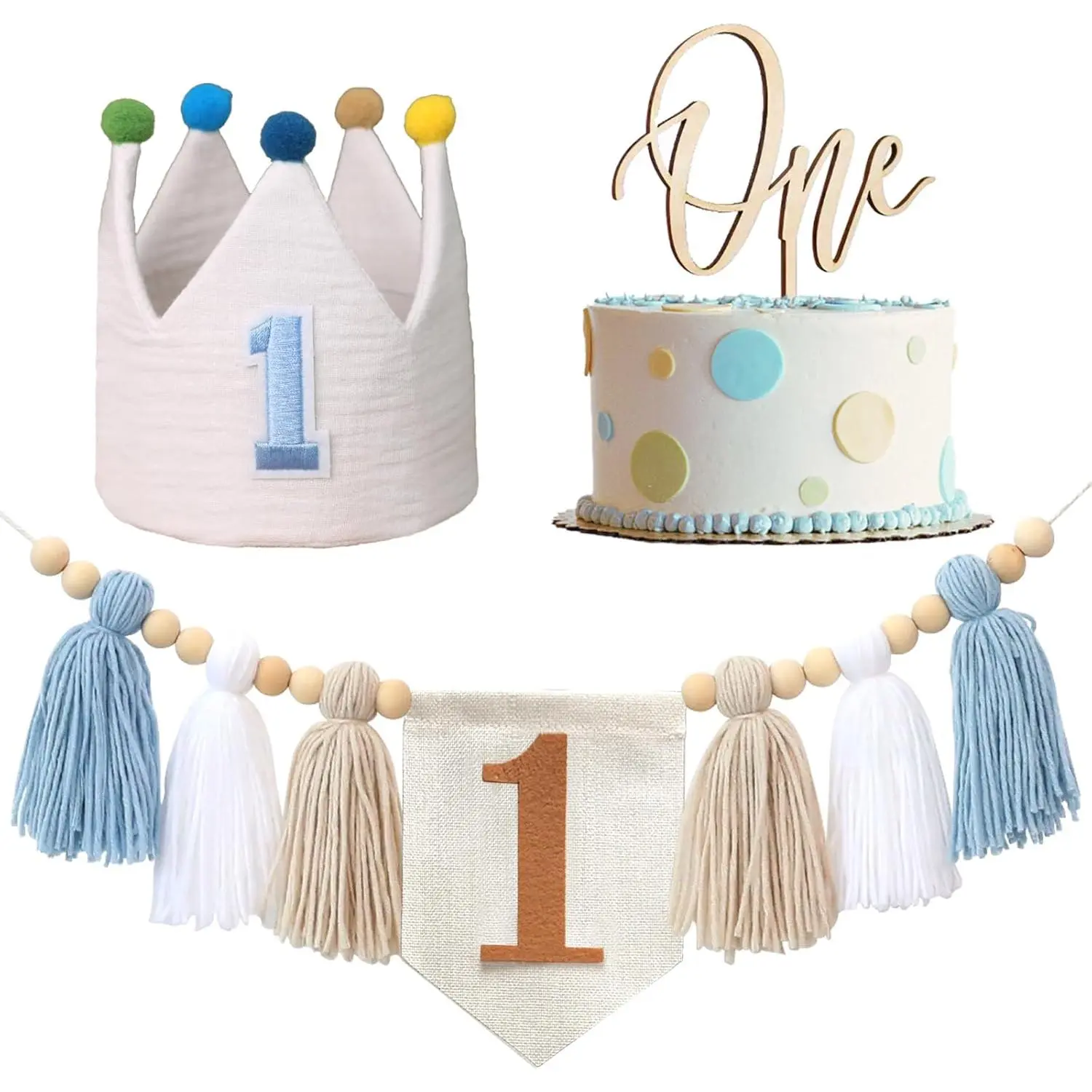 1st Birthday Decoration Boy, First Birthday Party Decoration High Chair Banner 1st Birthday Blue Hat Crown Cake Topper Tassels Photo Backdrop for Boy Girl Set Wooden