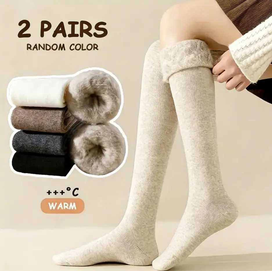 Women's 2-Pair Heavy Duty Thermal Over-the-Knee Socks Extreme Cold Weather Thick Insulated Leg Warmers Beige Black Gray Ribbed Cuff Plush Fabric Minimalist Basic Winter Socks