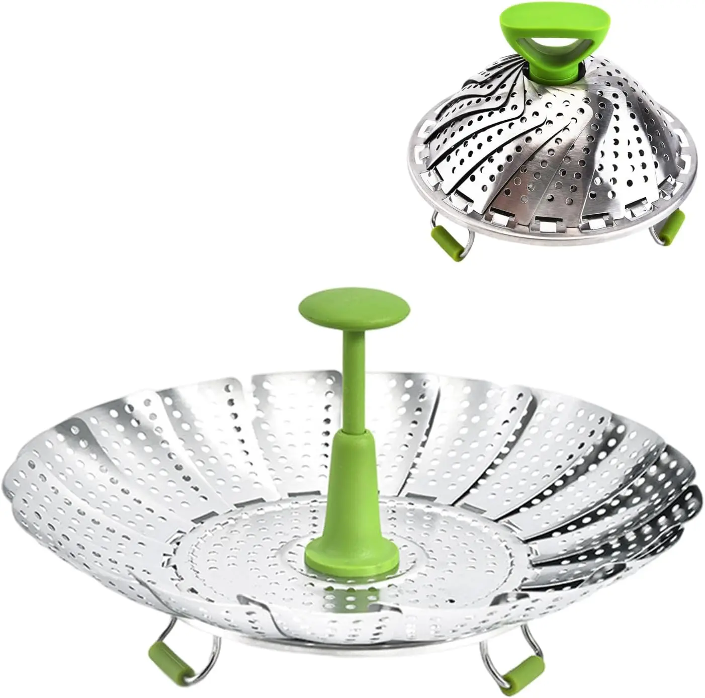 Adjustable Stainless Steel Folding Steamer Basket with Heat Resistant Handle, Expandable Steam Rack for Vegetables, Seafood & Meat, Dishwasher Safe