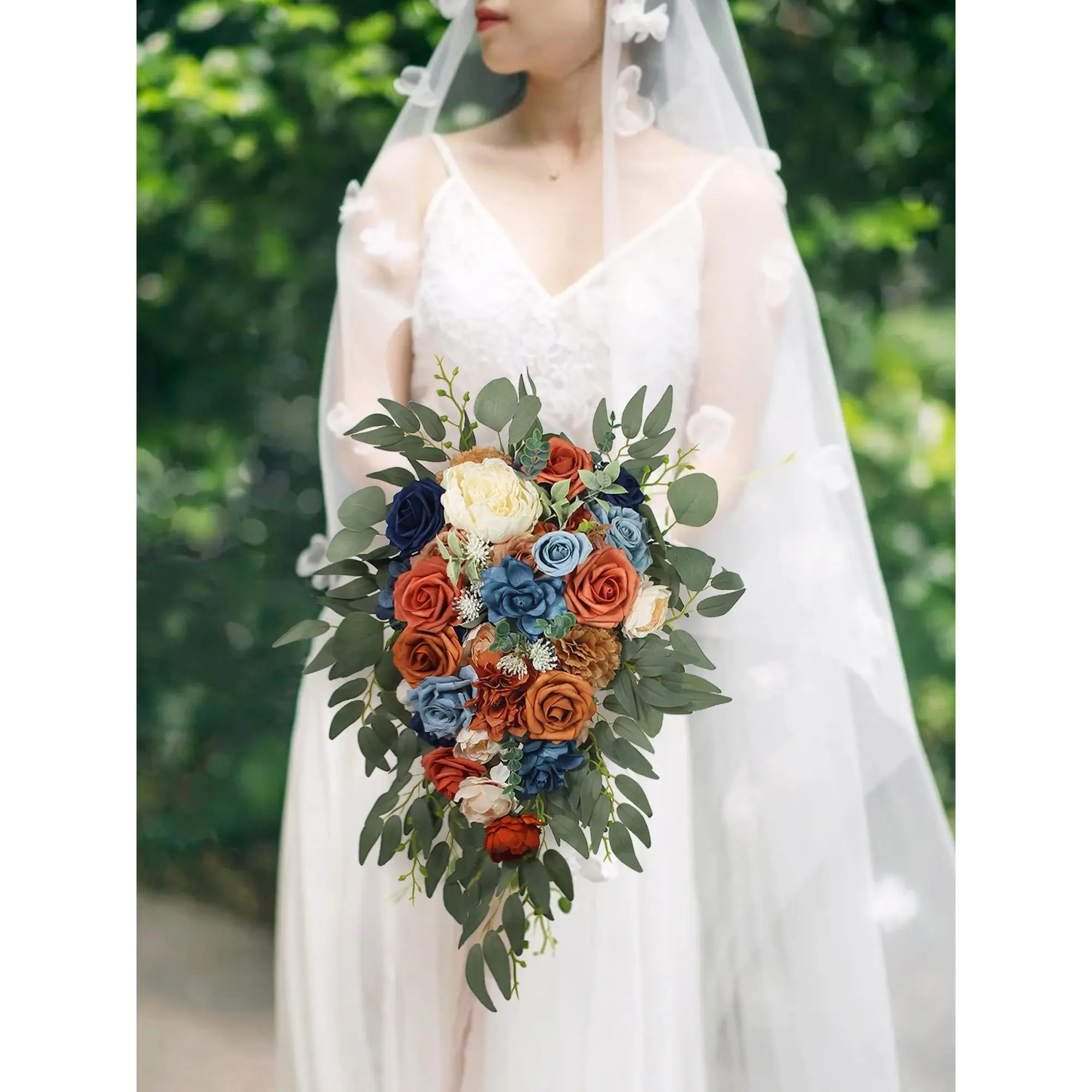 Rinlong 10-in Wide Navy Blue & Burnt Orange Silk Peach Peony Flower Cascading Bridal Bouquet for Wedding Decor