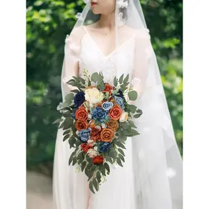 Rinlong 10 inch wide Navy Blue & Burnt Orange Cascading Bridal Bouquet