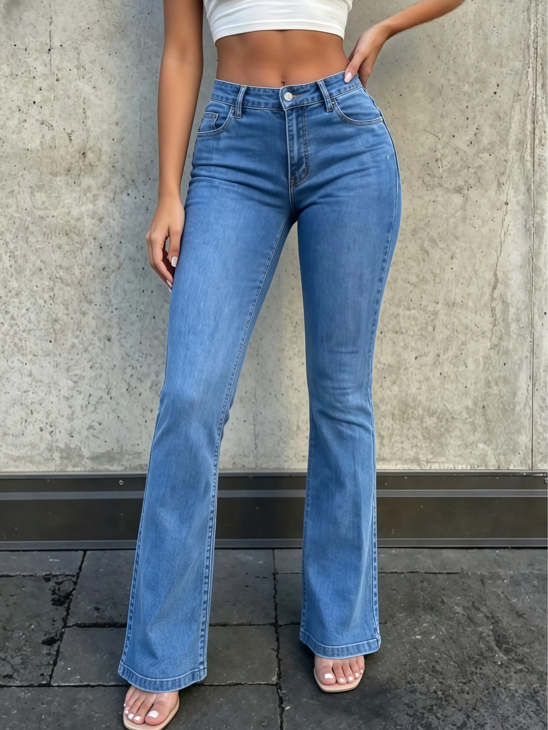 Women’s High Rise Super Stretch Flare Bootcut Jeans Light Medium Blue Wash Curvy Slim Fit Figure Shaping Classic Flared Leg Denim Pants Daily Casual Street Outfit