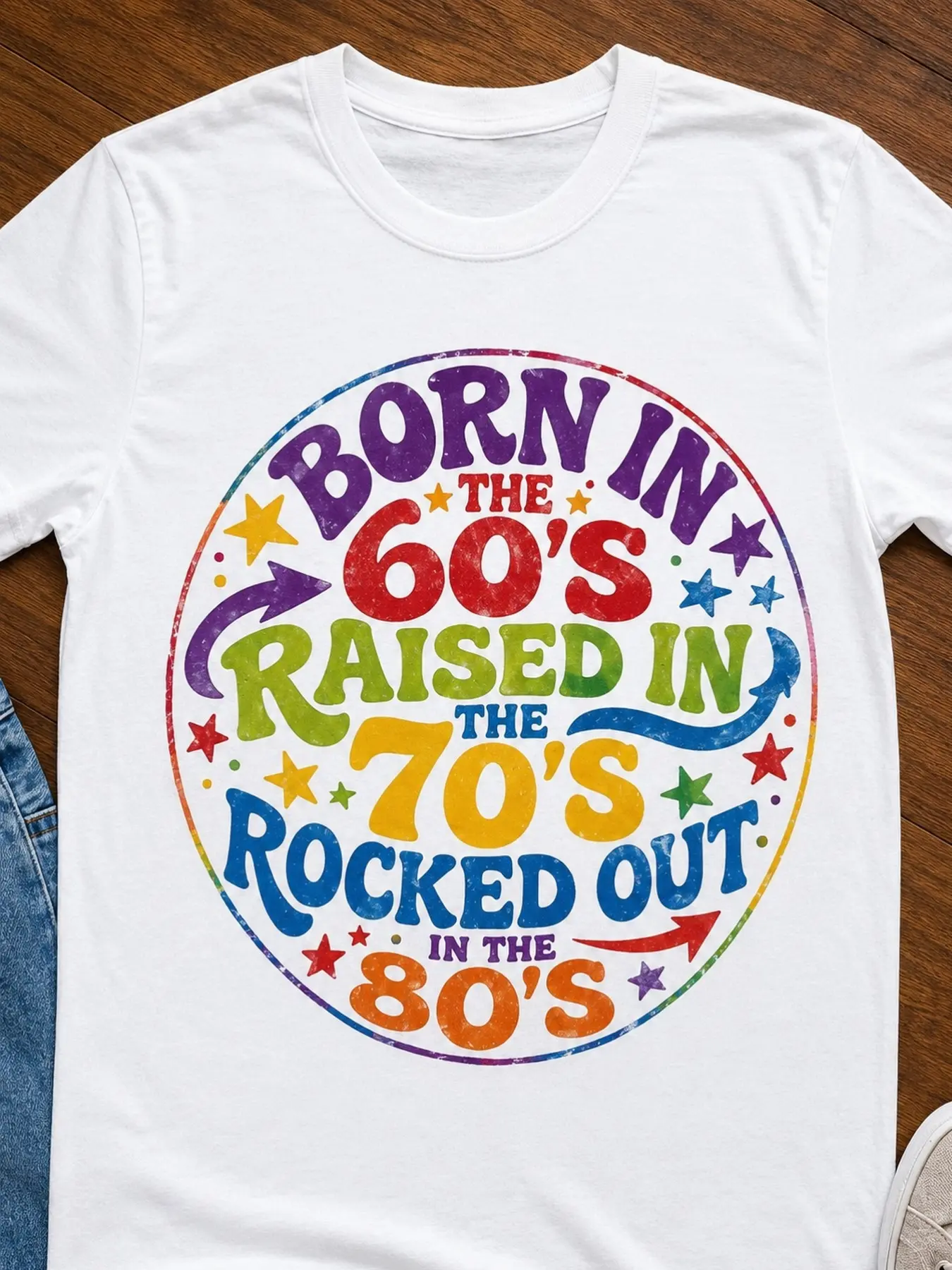 Unisex "Born in the 60s" Retro Graphic Cotton T-Shirt - Soft Breathable Short-Sleeve Crewneck, Hippie Rainbow Bubble Linen Blend, Outdoor Nostalgic Birthday Gift (White, Denim)