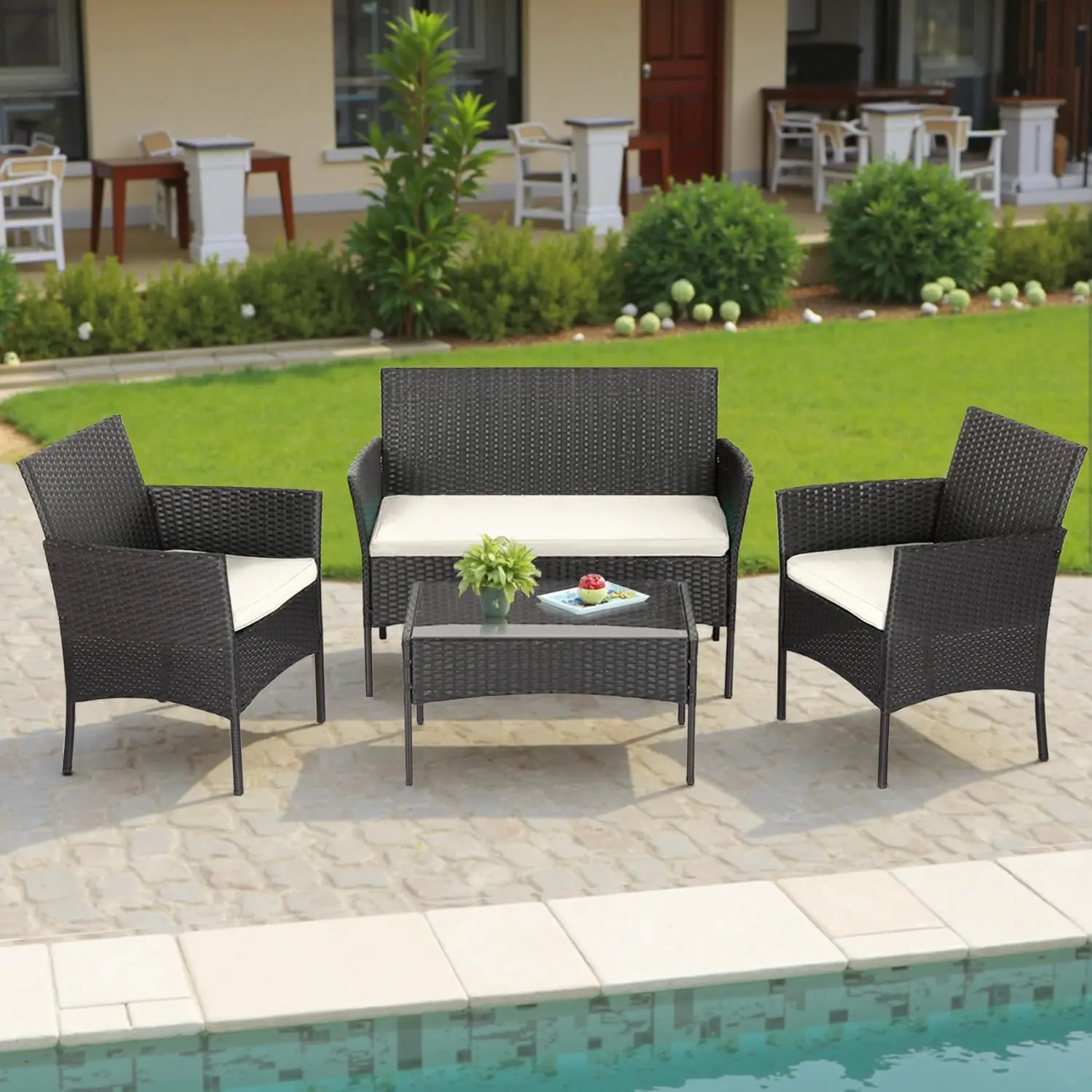 4-Piece Patio Furniture Set - All Weather Outdoor Rattan Conversation Set with Cushions & Table for Backyard Relaxation, Garden Theme Use