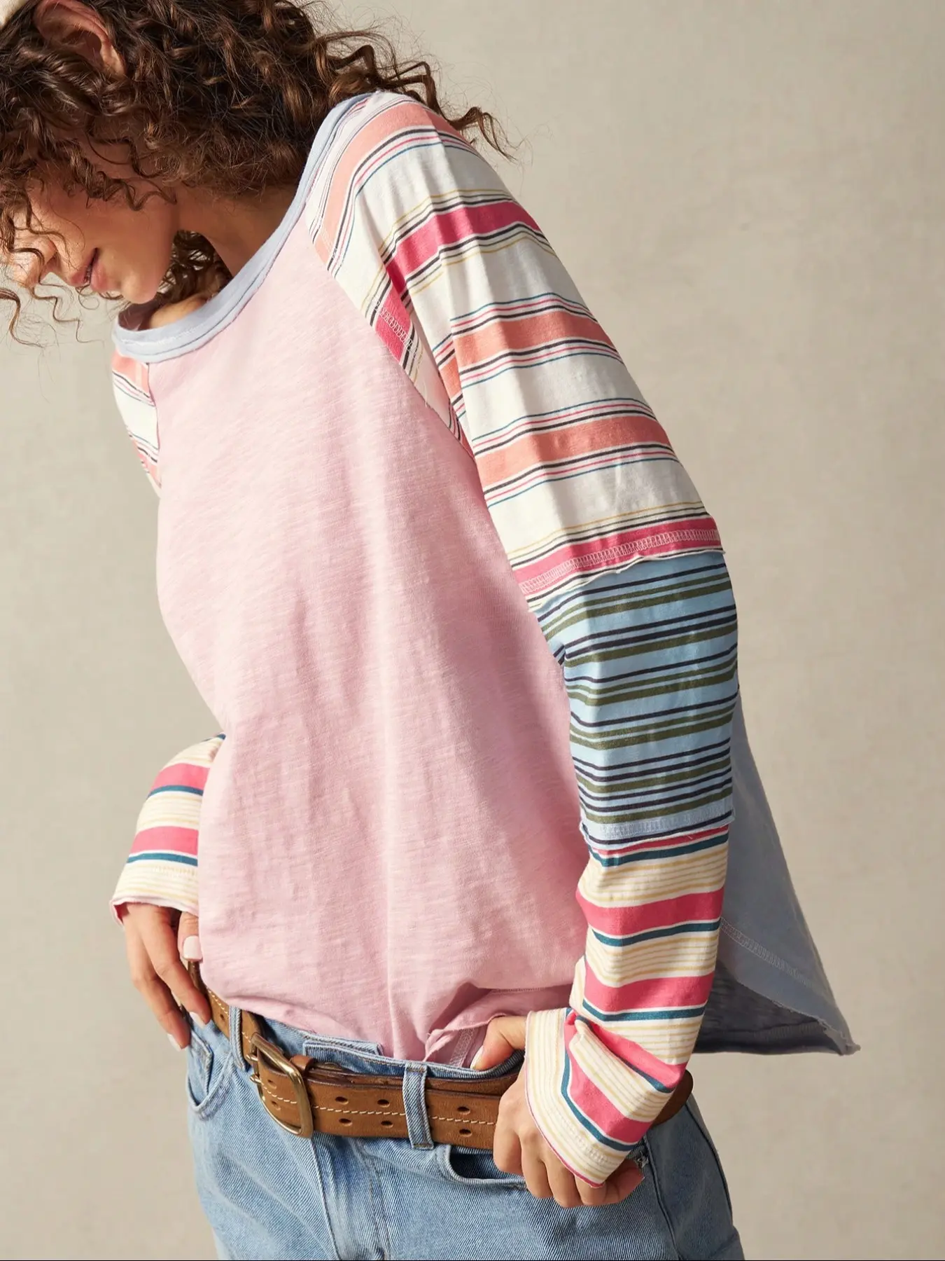 Women's Striped Patchwork Long Sleeve Crop Top, Casual Loose Fit Baggy Thin Knit T-Shirt, All Seasons Summer Fashion, Comfortable Daily Wear, Knitwear, Knitting