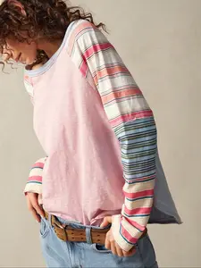 Women's Striped Patchwork Long Sleeve Crop Top, Casual Loose Fit Thin Knit T-Shirt, All Seasons Fashion, Comfortable Daily Wear