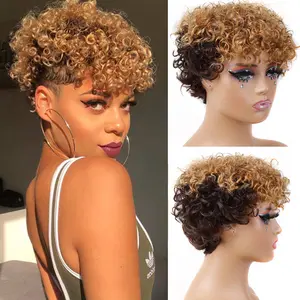 Unipearl Blonde Wavy Curly Wig Ombre Short Wig Brown Women Human Hair Curly Wig with Bang Brazilian Hair Human Hair Highlight Color