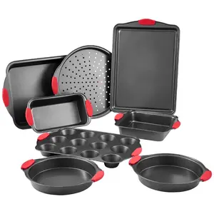 VEVOR Baking Pans Set, 8-Piece, Nonstick Carbon Steel Cookware Sheets Trays, Stackable Kitchen Oven Bakeware Cooking Sets with Silicone Handles, Easy to Clean, for Baking Cookie Cake Muffin Bread