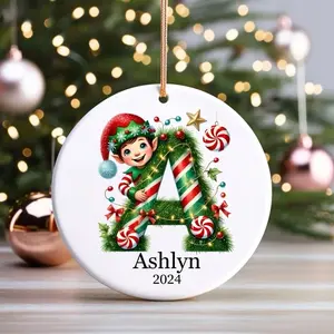 Personalized Christmas Ornament with Elf Design Letter A for Ashlyn 2024 Unique Holiday Gift.  Please add note at checkout for name. Thank you