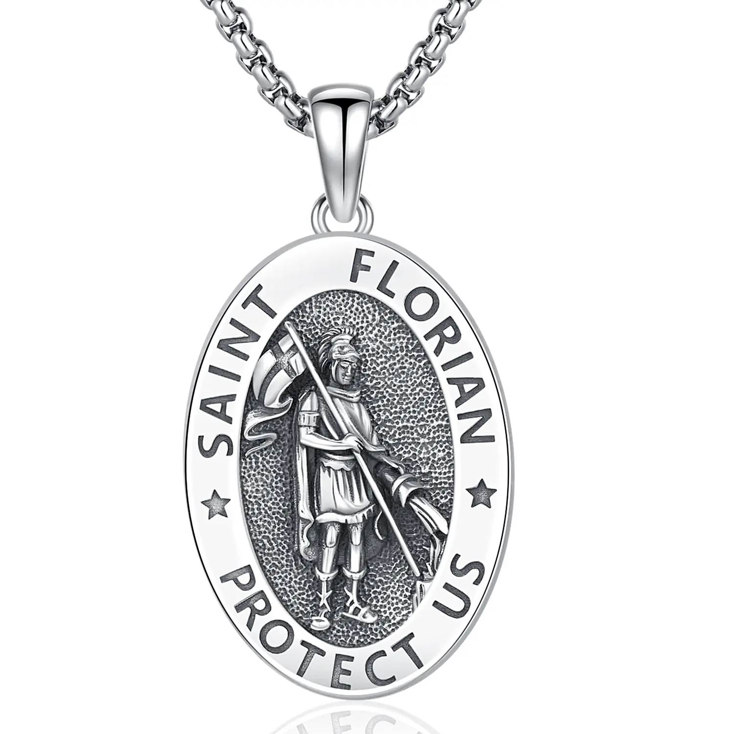 Bernashen S925 Sterling Silver Saint Florian Necklace, Sterling Silver St Florian Pendant Fire Fighter Shield Medal, Patron Saint Catholic Jewelry Gift