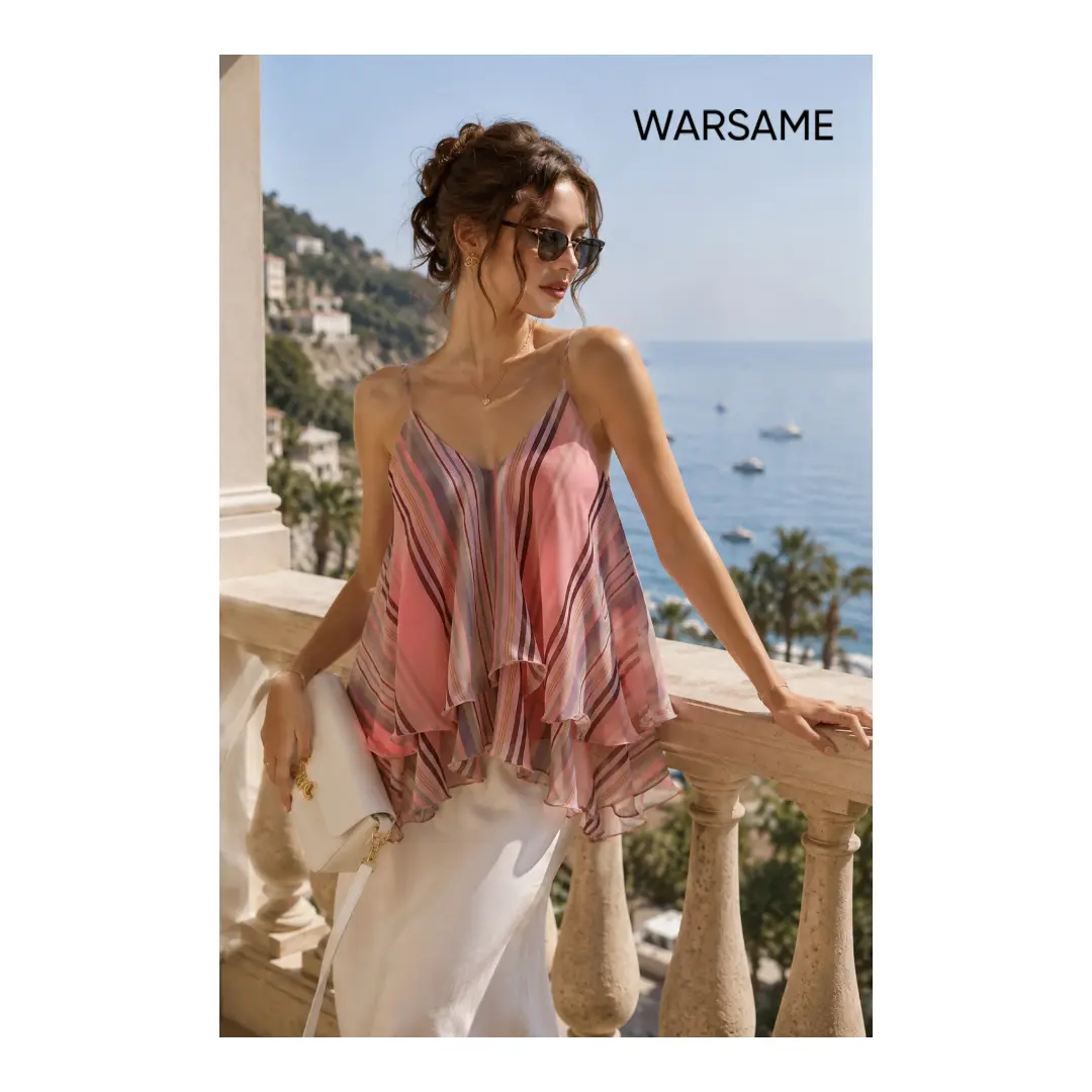 WARSAME YUSUF STORE Women Vertical Striped Layered Chiffon Cami Top Flowy Tiered Ruffle V Neck Spaghetti Strap Tank Top Loose Boho Vacation Beach Summer Cami Blouse