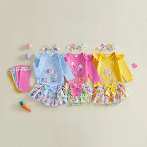 Infant Baby Girl Easter Outfit Long Sleeve Letters Romper with Eggs Print Shorts Bow Headband Socks 0-18 Months
