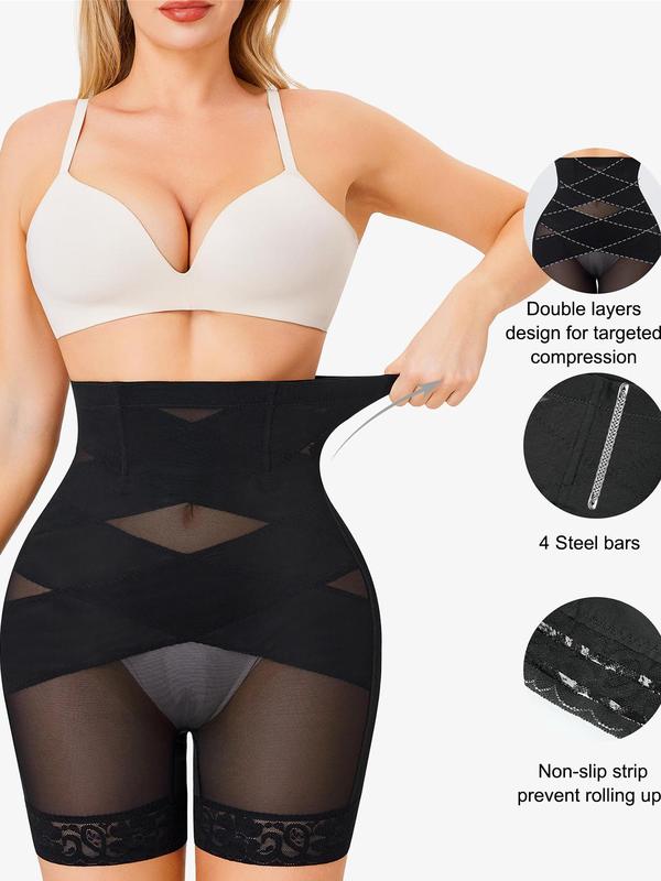 Women's Solid Color Lace Trim High Waist Shapewear Shorts, Tummy Control Shaper, High Waisted Shapers, High Stretch Shapewear Bottoms for Daily Wear