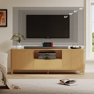 Oxirth 59" Fluted TV Stand for 65 Inch TVs, Modern Media Console with Drawer & Cabinets, Robotic Vacuum Friendly Entertainment Center for Living Room (Natural Wood)