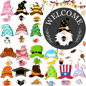 DIY Mix & Match Gnome Welcome Sign, Interchangeable Magnetic Detachable Seasonal Hats & Wooden Ornaments, All Holiday Front Door Hanging Home Decor