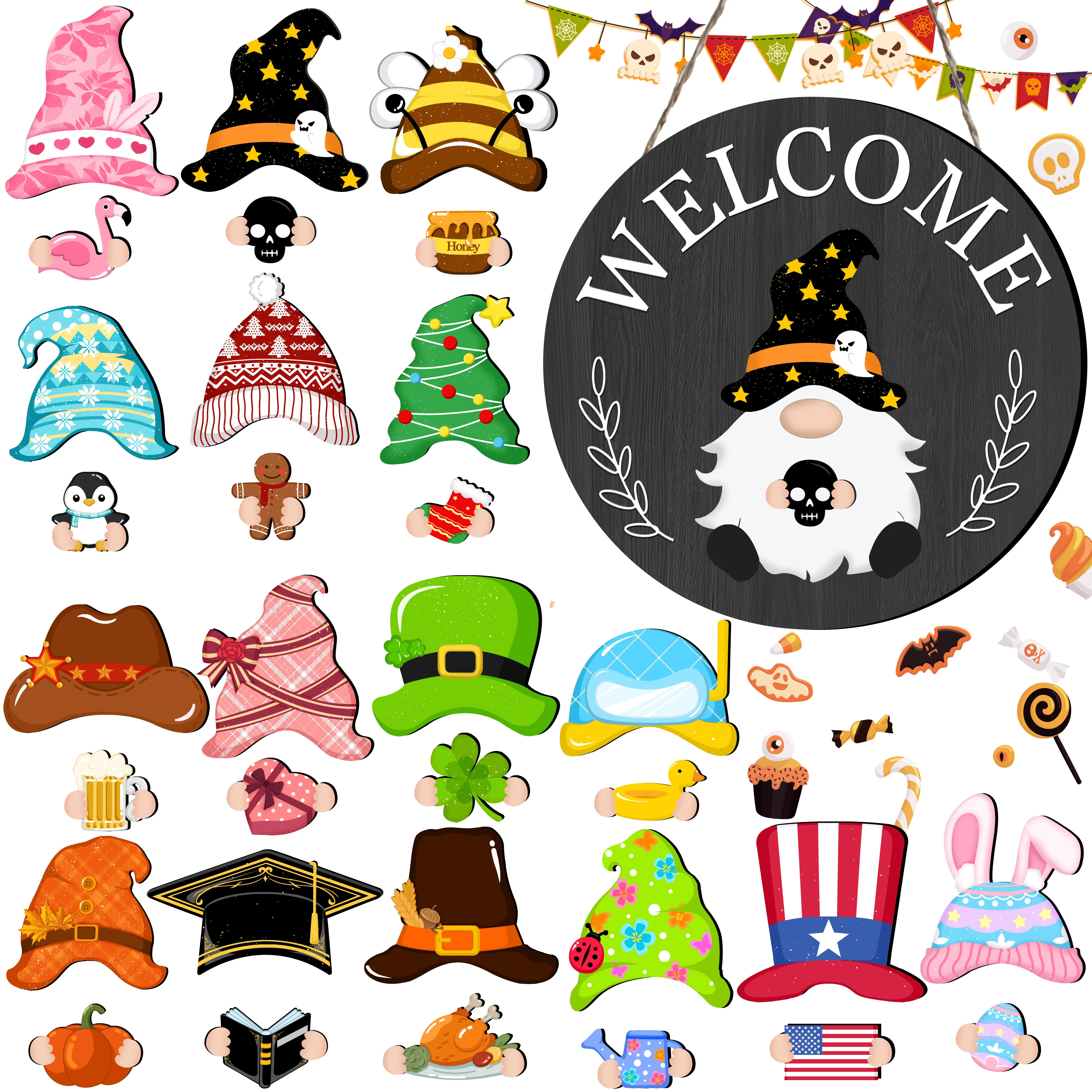 DIY Mix & Match Gnome Welcome Sign - Interchangeable Magnetic Detachable Seasonal Hats, Wood Ornaments, Front Door Hanging Home Decor for Holidays