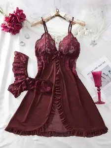 Womens Plus Size Two Piece Redwood Lingerie Set Sexy Lace Mesh V Neck Camisole Babydoll Sleepwear For Romantic Vacation Evenings