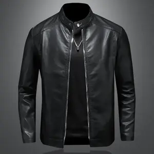 New Stand Collar Leather Jacket Casual Fleece Lined Thickened Slim Fit Leather Jacket Coat Menswear Tops Long Sleeve Beige Streetwear Outfits(Sheet)