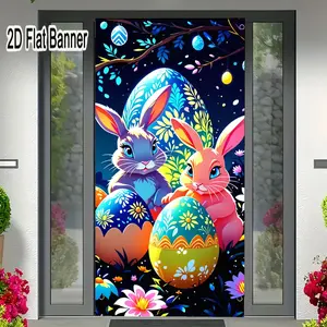 2D flat banner, 1pcEaster Night Rabbit Eggs Backdrop, Whimsical Spring Holiday Party Decorations for Festive Photo Booth, Colorful Bunny Egg Floral Scene Backgroundgalentines party decor, valentine day decor, decorations for valentines day