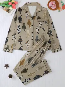 Women's Christmas Tree Print Pajama Set, Button Front Long Sleeve Top & Comfortable Pants, Casual Fitted Sleepwear for All Seasons, Pjs